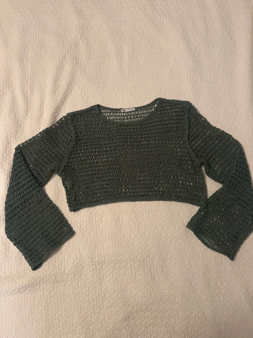 Zara Crochet Long-Sleeve Crop Top - Dark Green - Size Medium